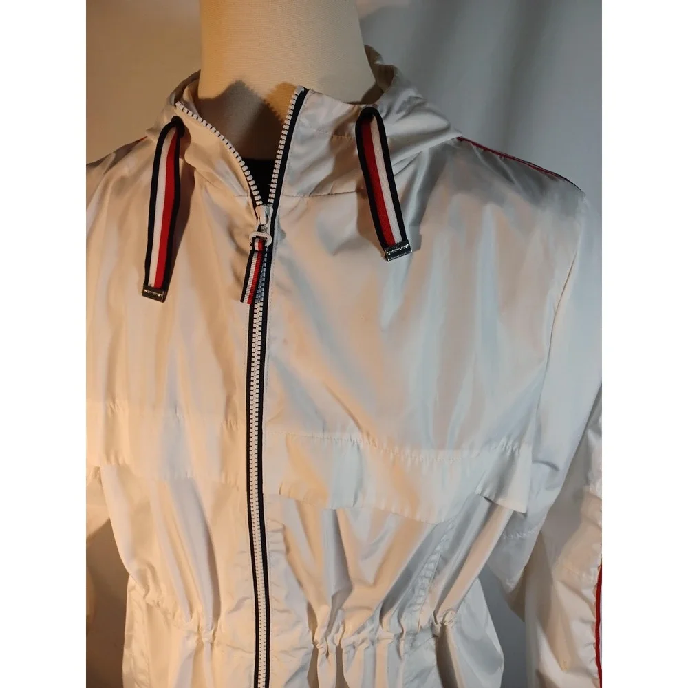 Tommy Hilfiger Jacket Mens 2XL White Hooded Windbreaker‎ Logo Tape Zip Casual